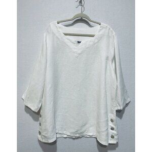 Amelline Top Womens XL White Linen Tunic Side Buttons Minimalist Lagenlook Boho